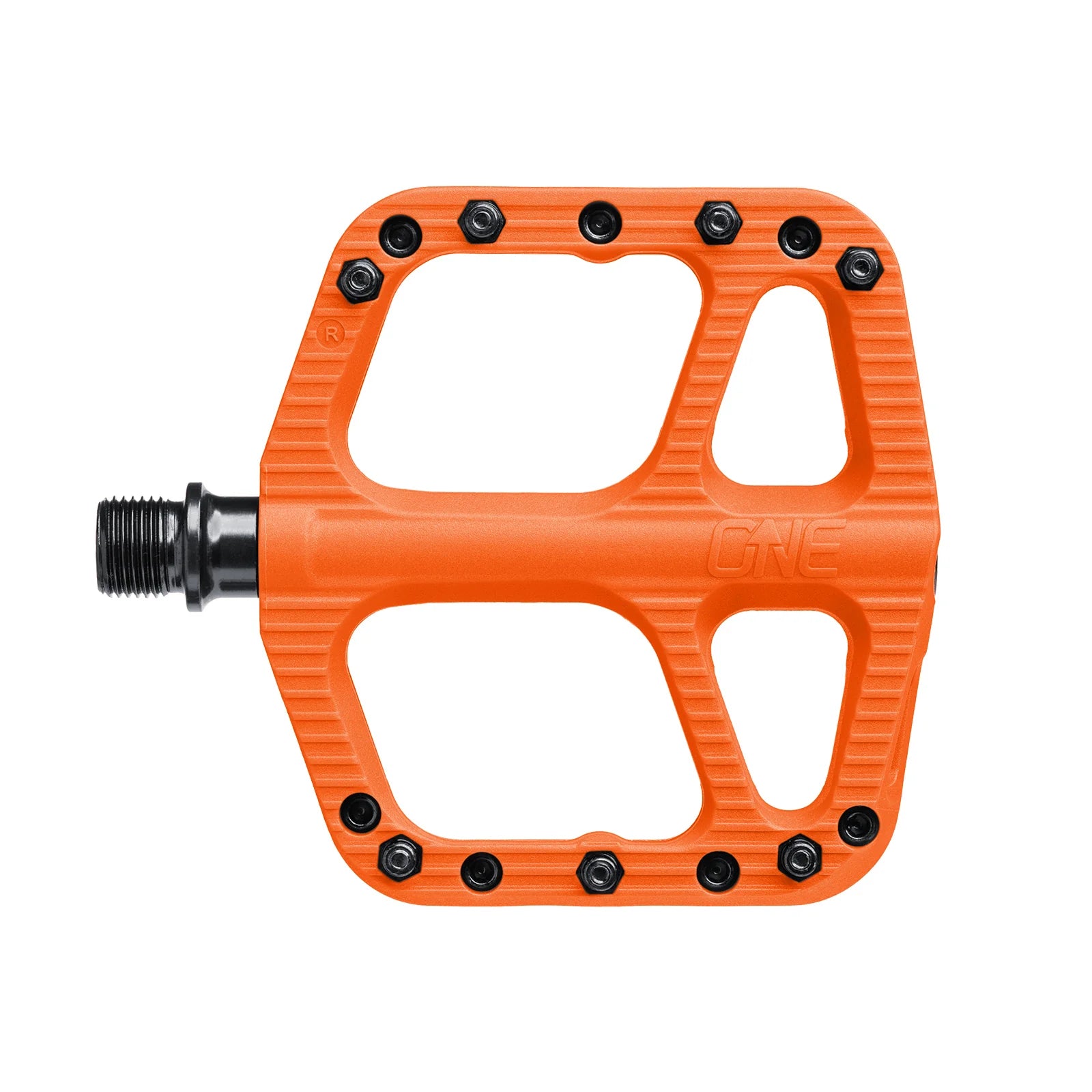 Orange bicycle pedal with black bolts on a white background