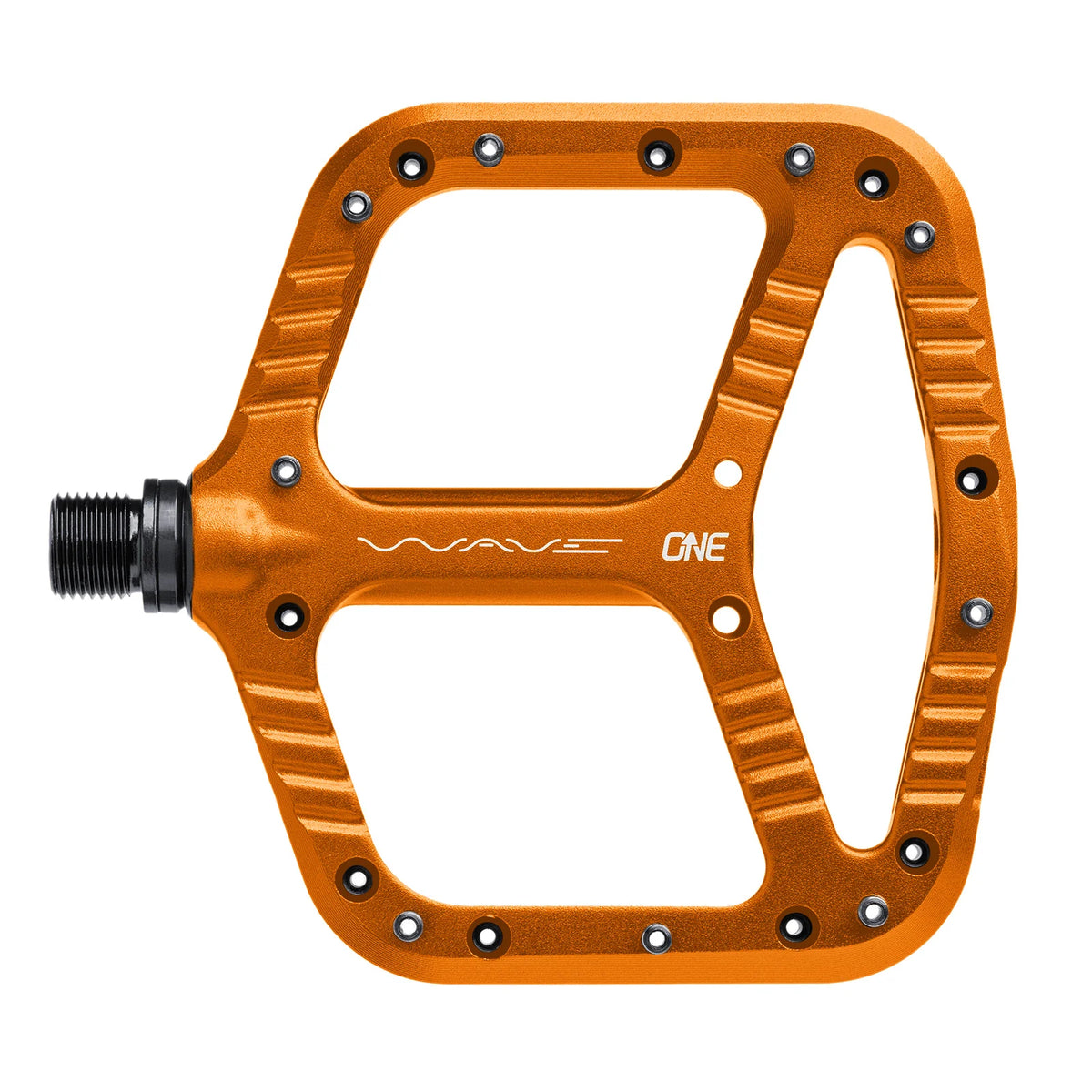 Orange bicycle pedal with 'Wave One' branding on a white background