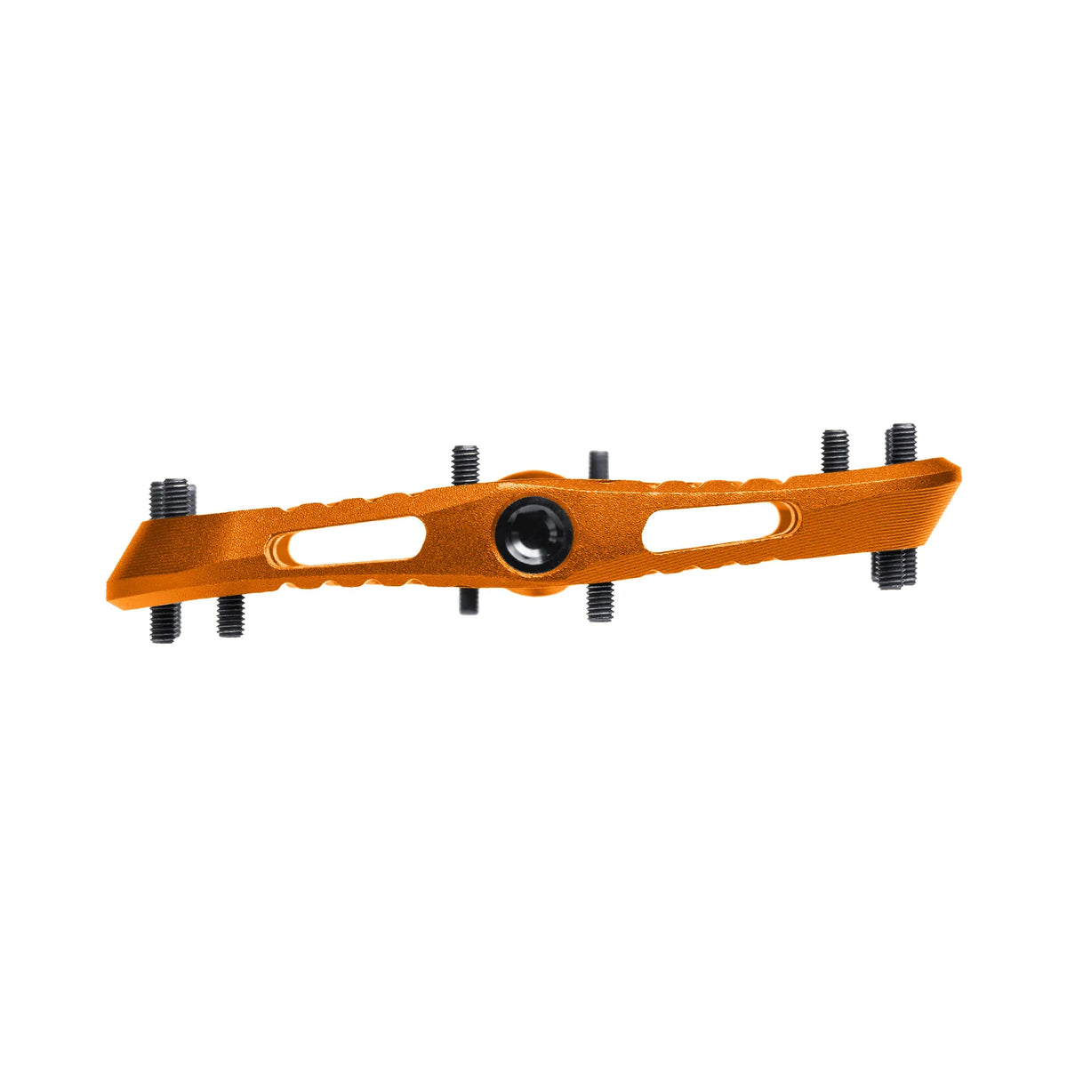 An orange aluminum bicycle crank arm with black threaded bolts and a black central bearing, shown on a plain white background.
