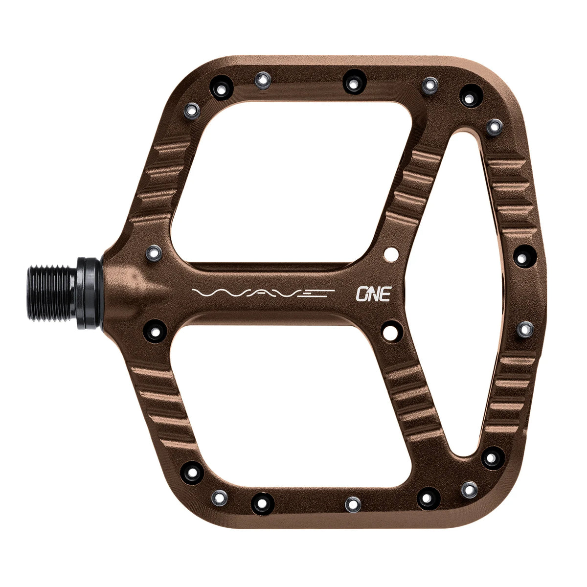 Brown bicycle pedal with 'Wave One' branding on a white background