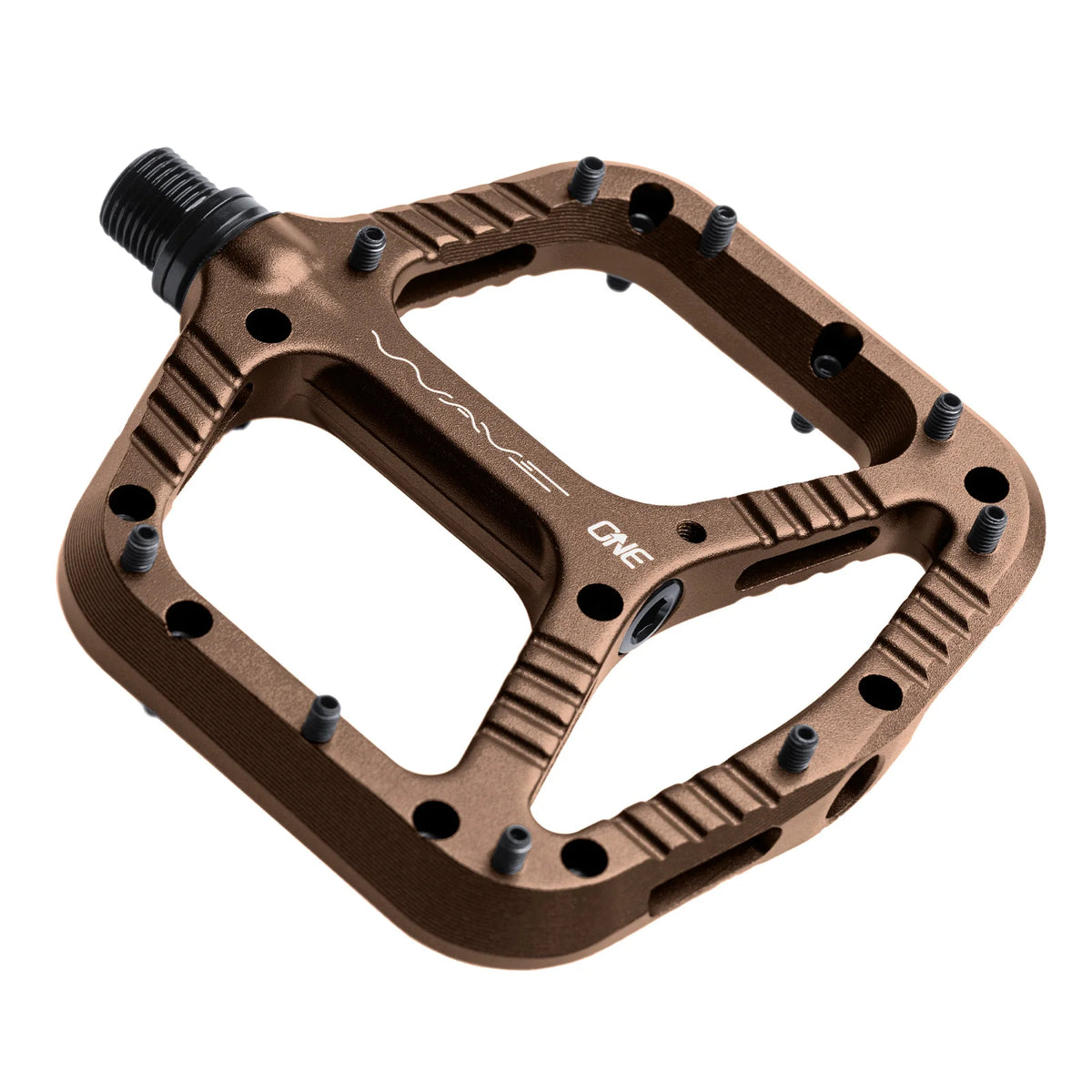Brown bicycle pedal with 'One' branding on a white background