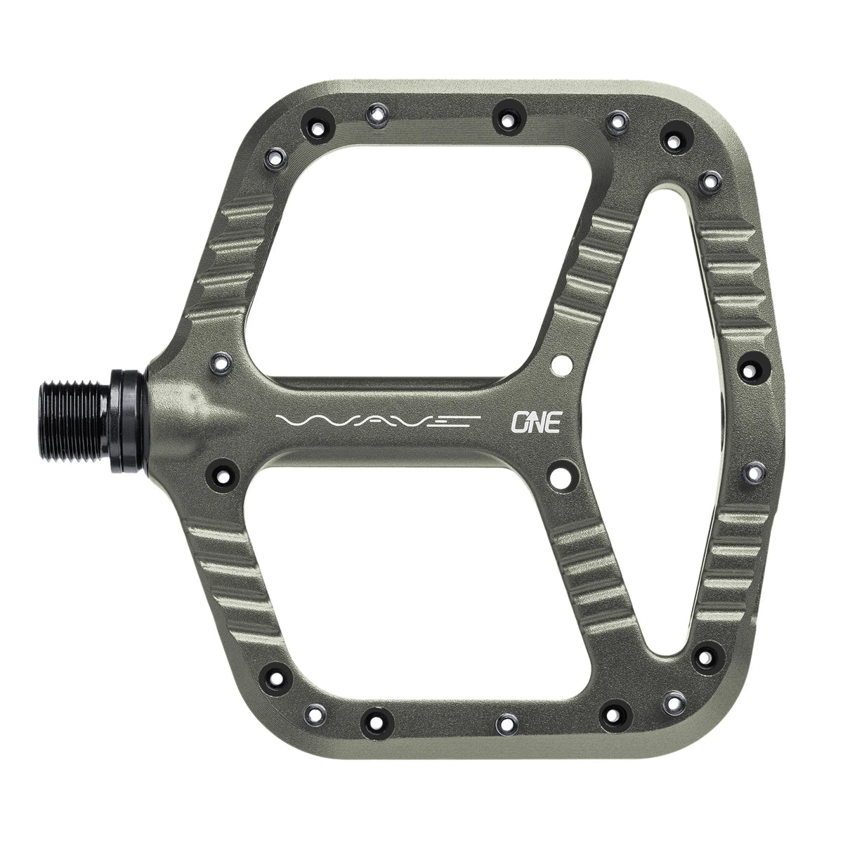 Metallic green bicycle pedal with 'Wave One' branding on a white background