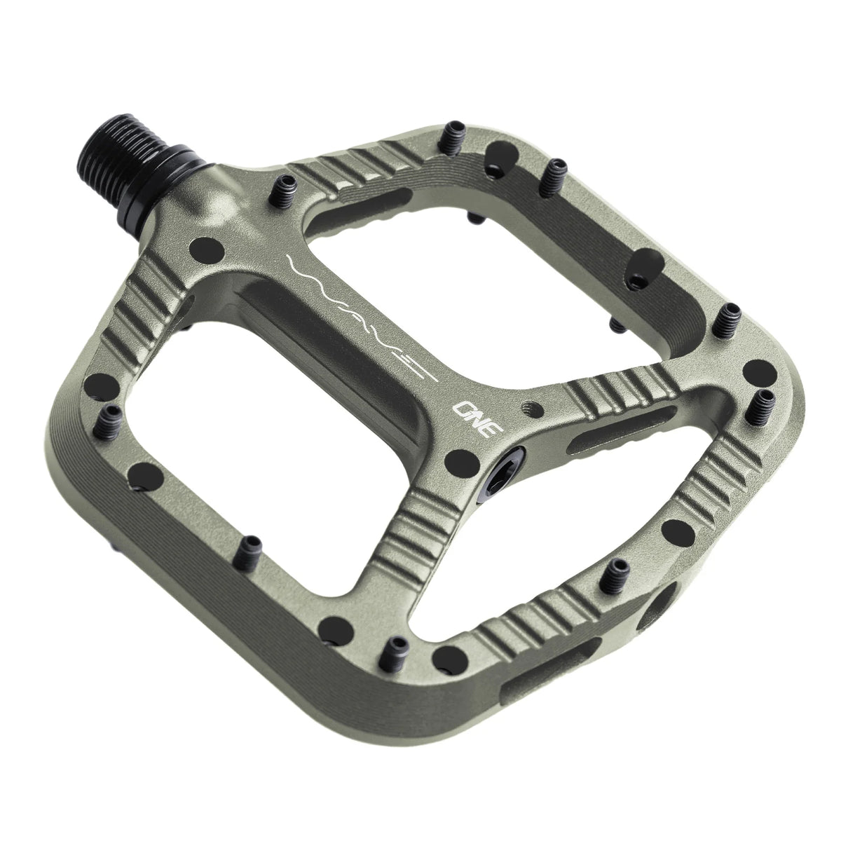 Metallic bicycle pedal with 'OneUp' branding on a white background