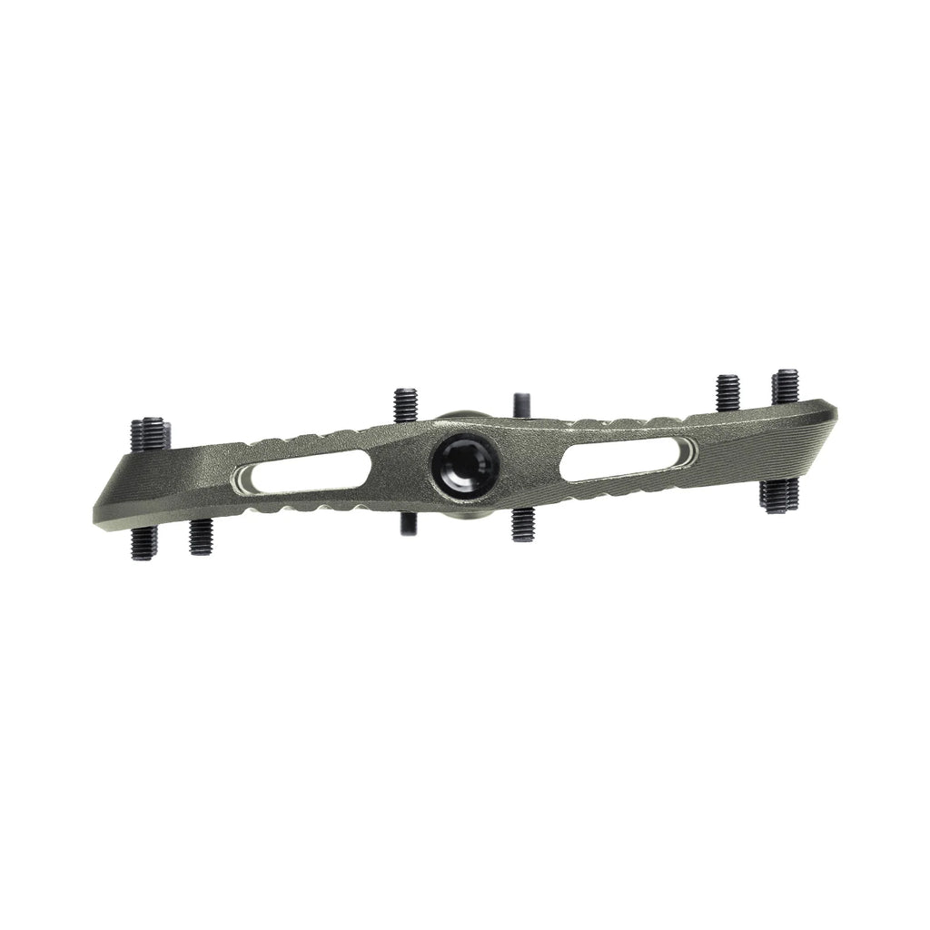 Long, narrow metal pedal on a white background.