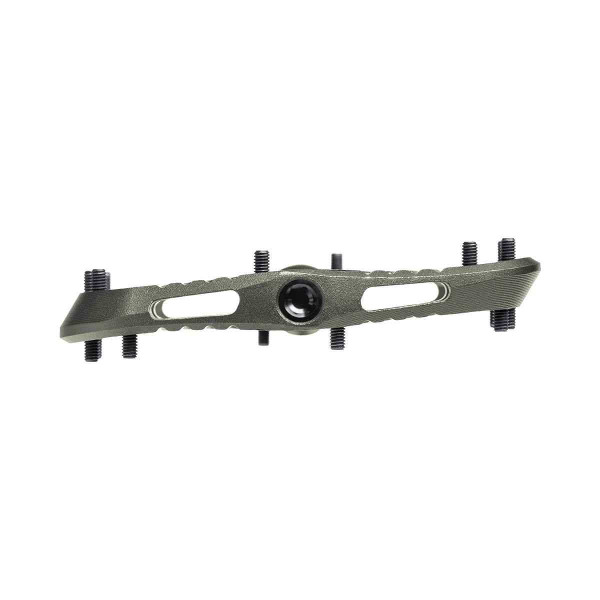 Long, narrow metal pedal on a white background.