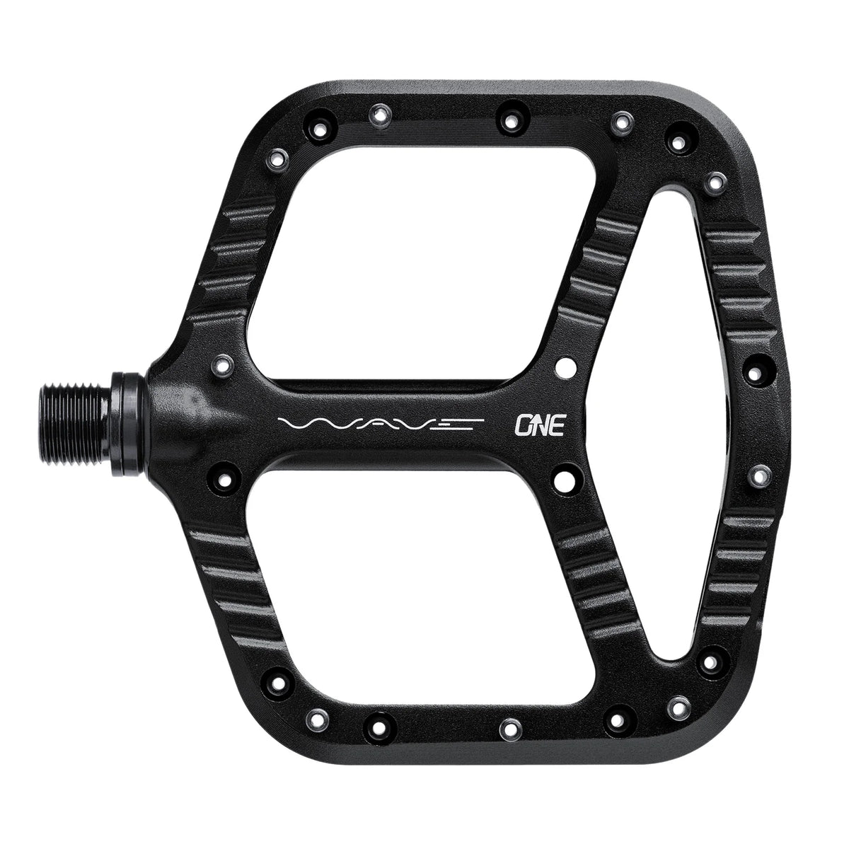 A black metal bicycle pedal with a spoked drop-through design, featuring the 'WAVE ONE' branding in white on the center, set against a plain white background.