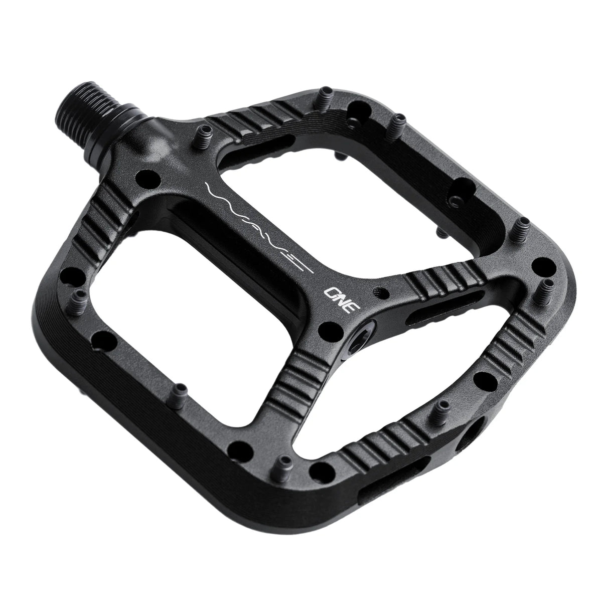 Black bicycle pedal with 'One' branding on a white background