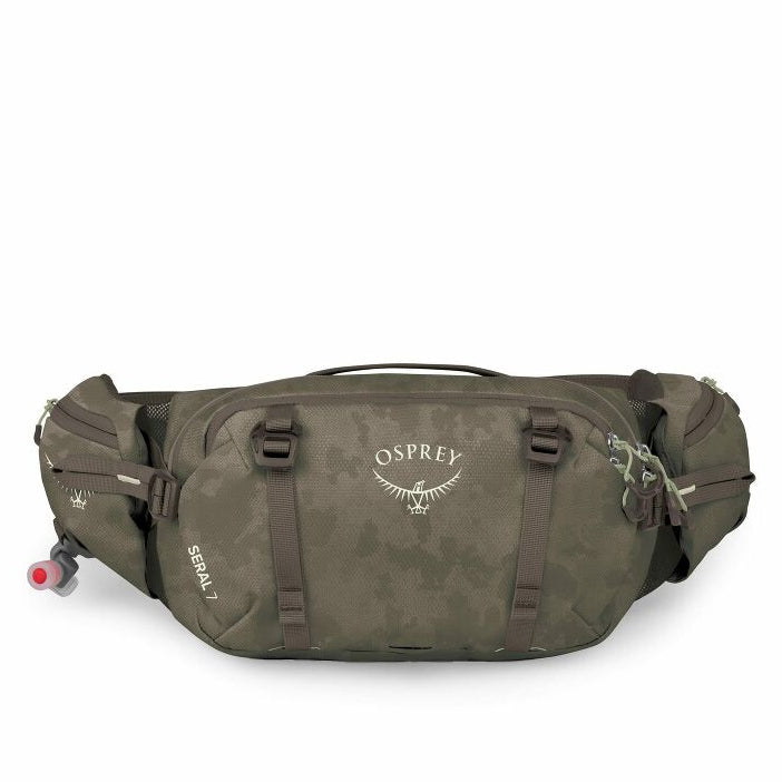 Green Osprey hiking waist pack on a white background