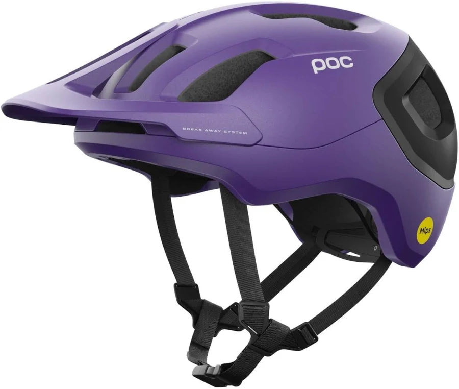 Purple helmet with black straps on a white background