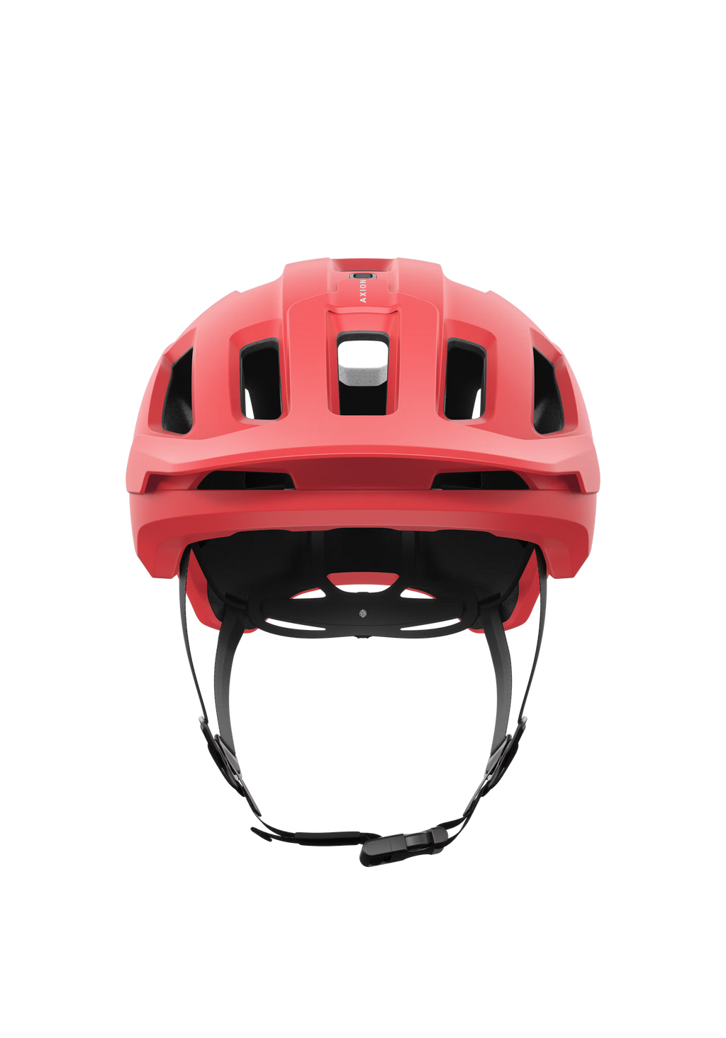 Red helmet with black interior and chin strap on a white background