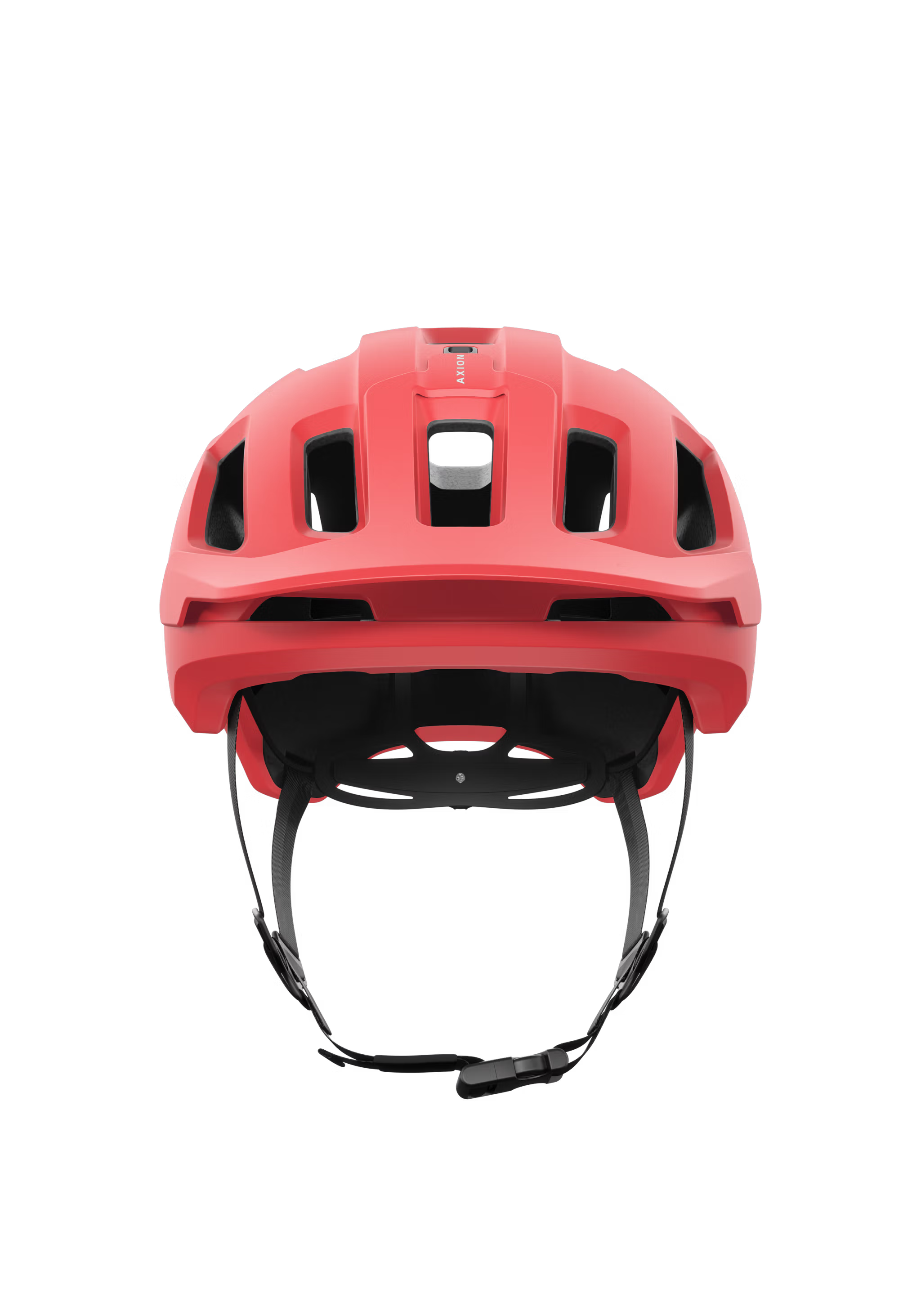 Red helmet with black interior and chin strap on a white background