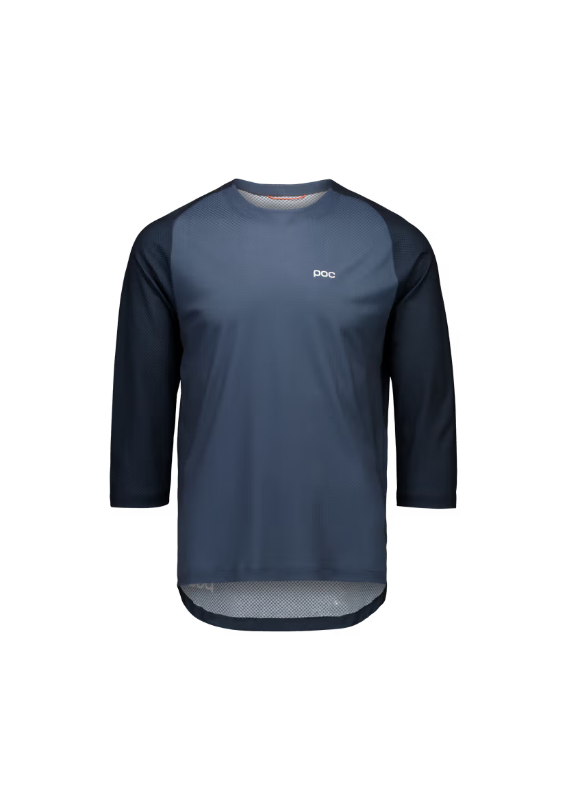 A 3/4 sleeve athletic jersey top in slate blue with dark navy sleeves and a small white logo on the chest, displayed on a clean white background.