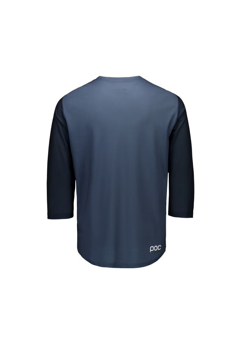 A long-sleeve athletic jersey shown from the back, featuring a slate blue body and solid dark navy sleeves, with a small white 'poC' logo near the bottom right hem.