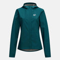 Teal rain jacket with a brand logo on a white background