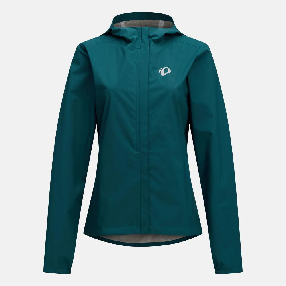 Teal rain jacket with a brand logo on a white background
