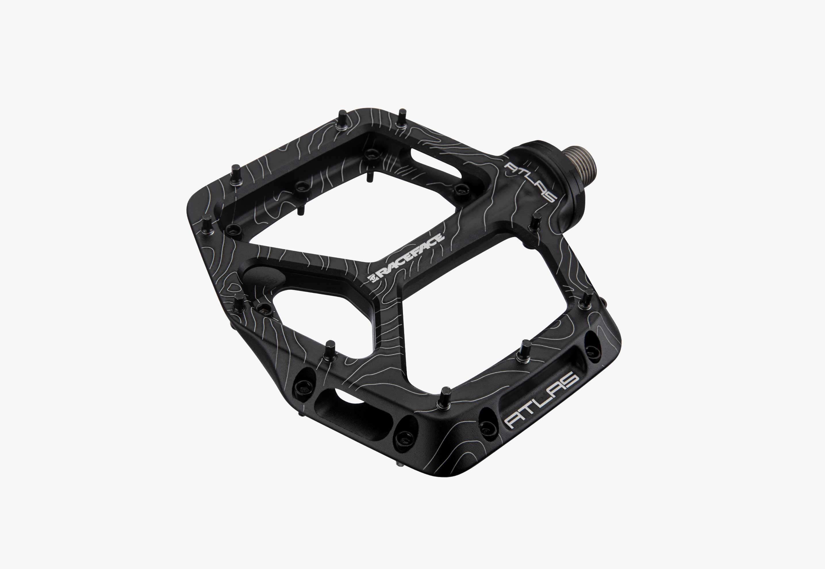 Black bicycle pedal with 'ATLAS' branding on a white background