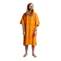 A man with long blonde hair and a beard wearing a bright orange hooded towel robe, standing against a plain white background.