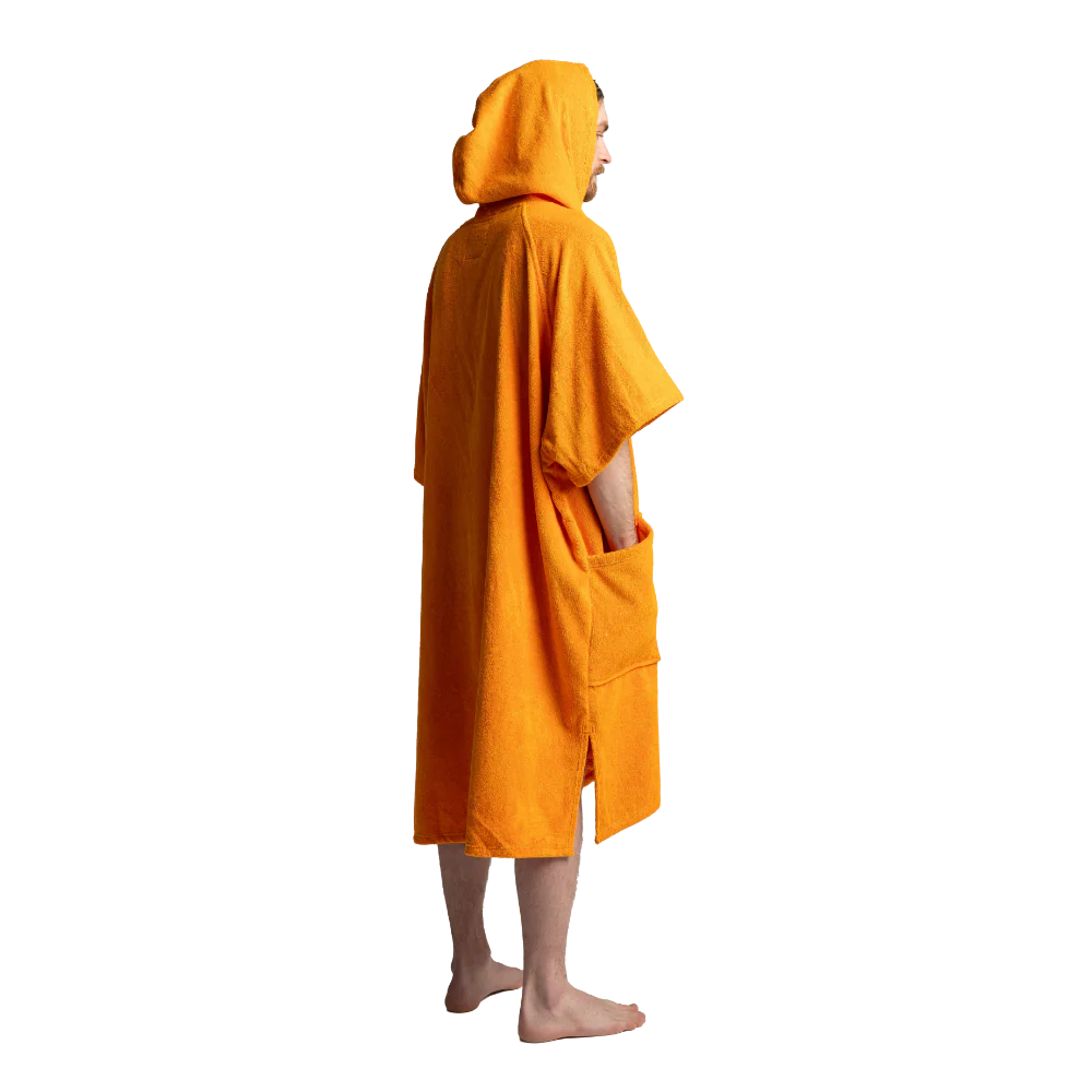A man wearing a bright orange hooded robe or poncho, shown from the back and side against a plain white background.