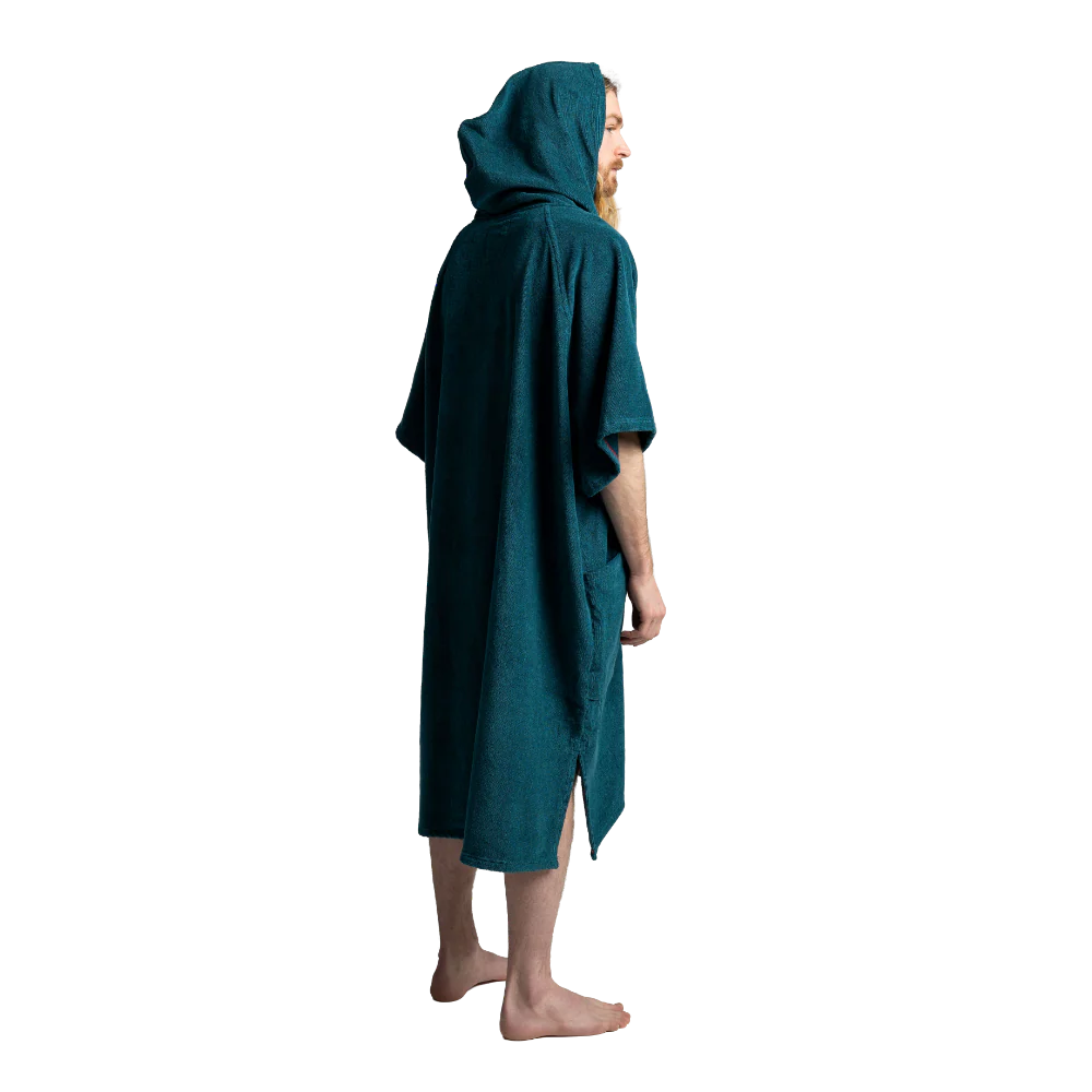 A man wearing a dark teal green hooded robe, shown from the back and side against a plain white background.