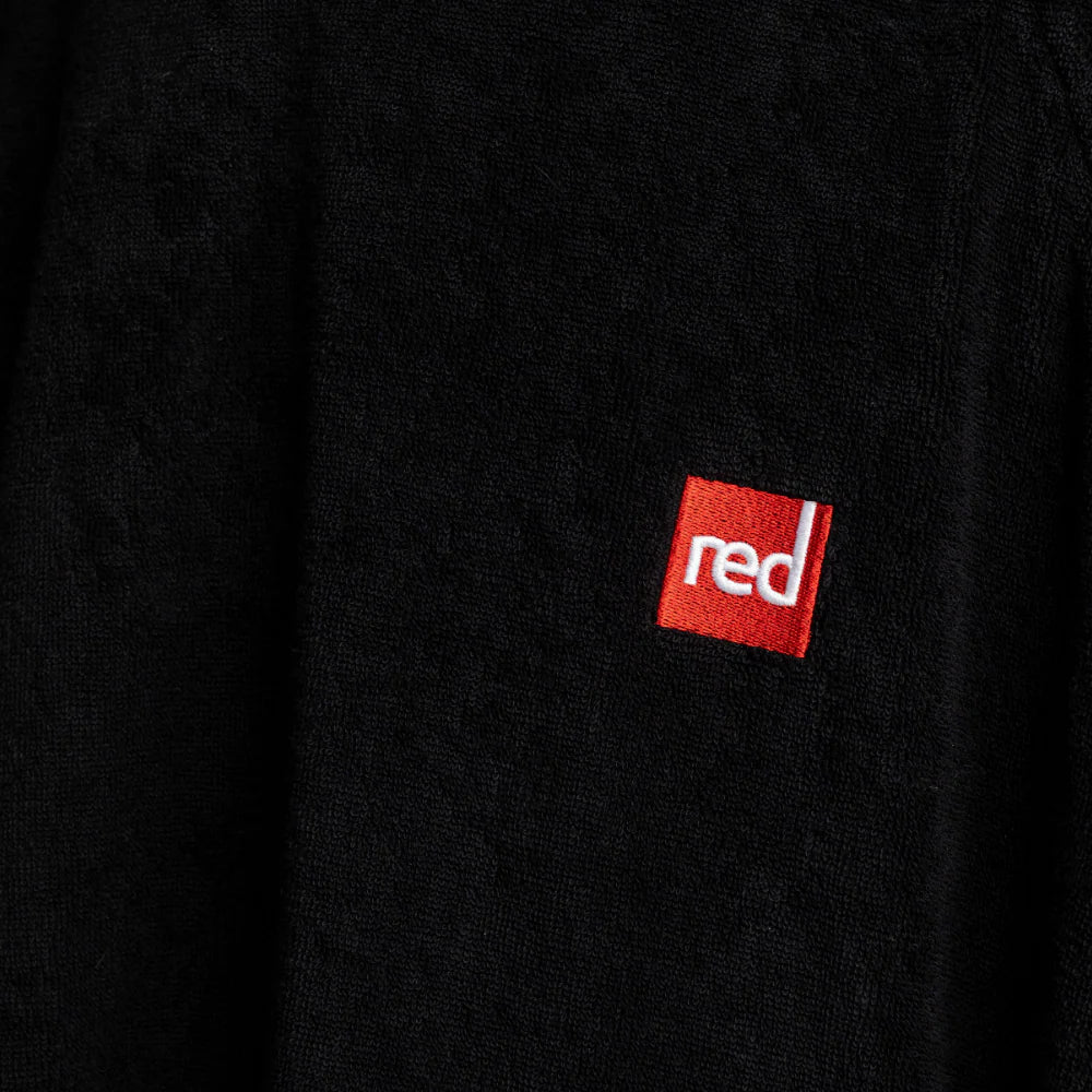 Black hoodie with a red and white logo on the chest