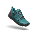 Teal hiking shoe with black sole on a white background