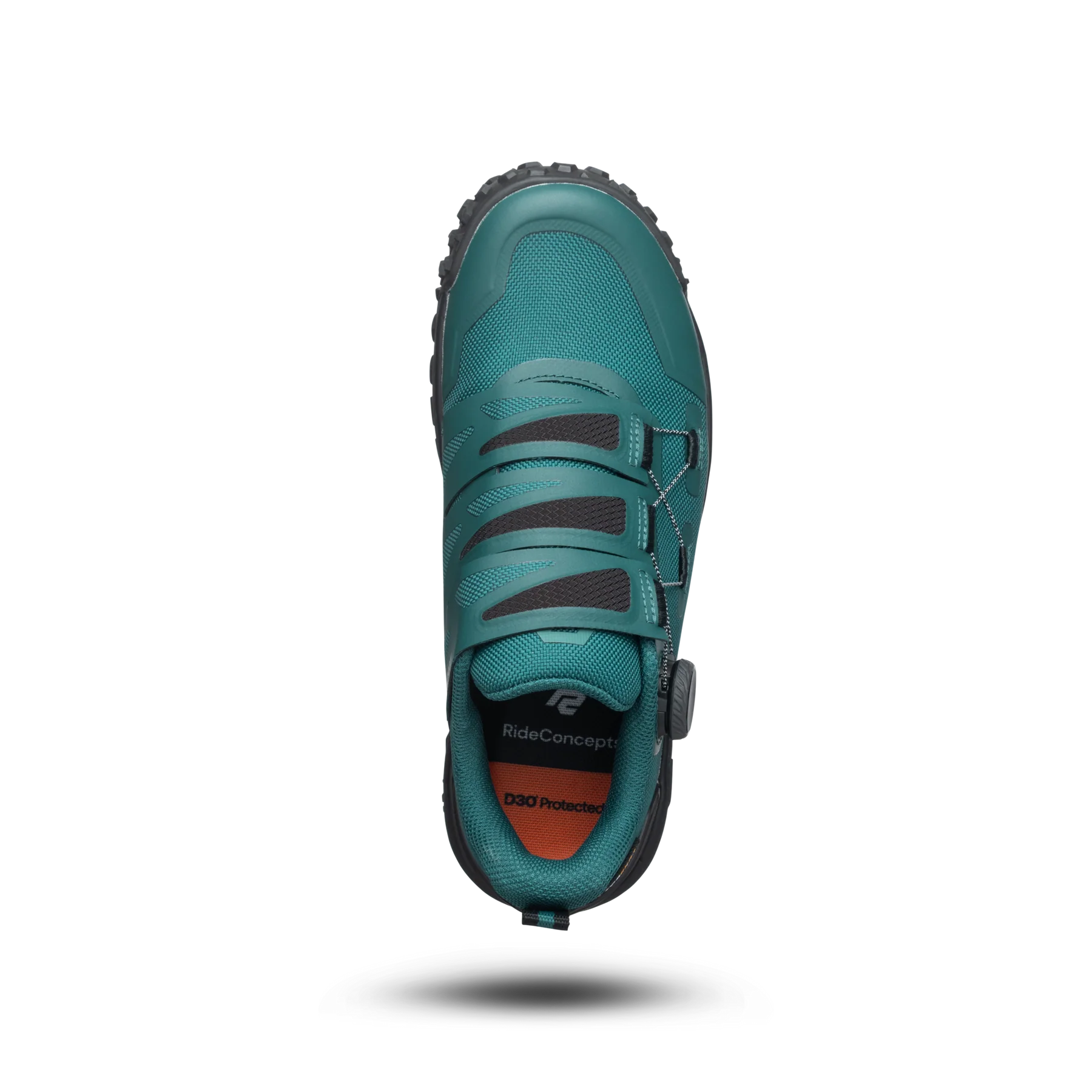 Teal cycling shoe with brand logo on a white background