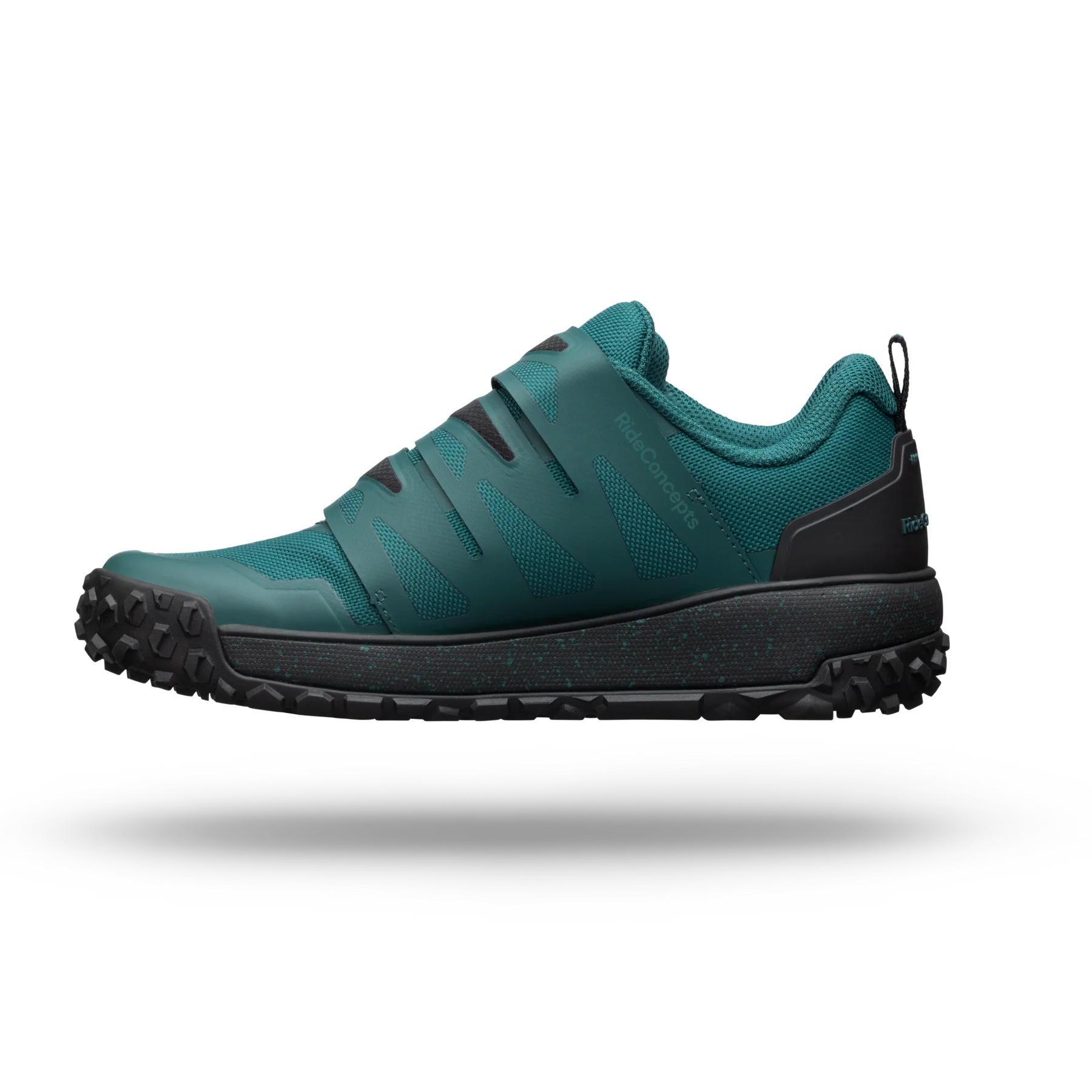 Teal hiking shoe with black sole on a white background