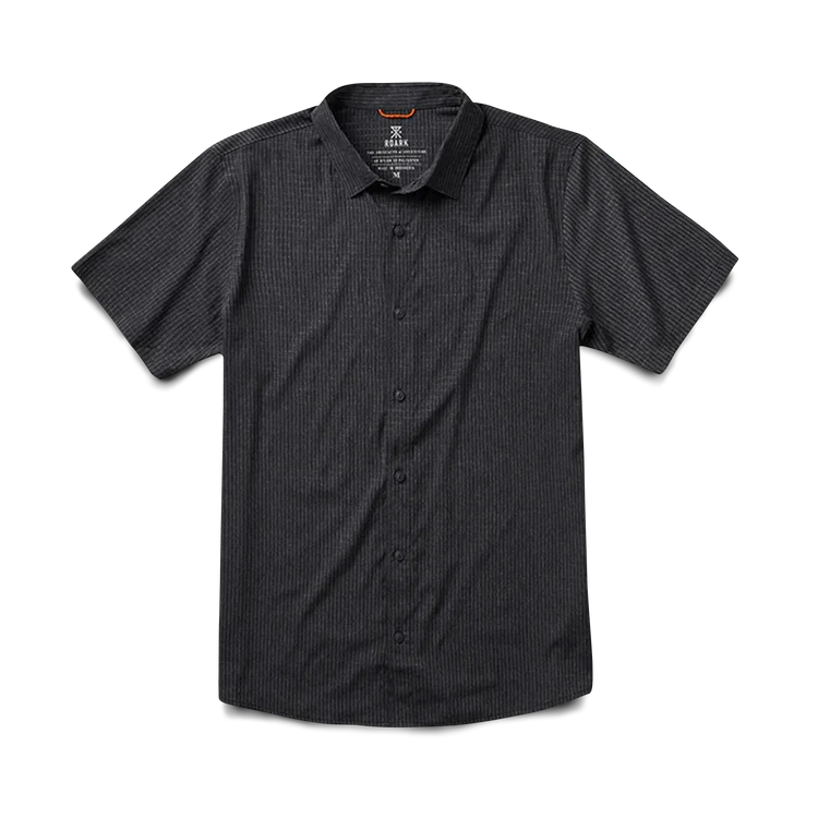 Black short-sleeve shirt with a subtle pattern on a white background