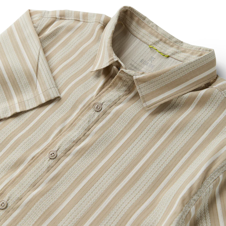 Beige and white striped polo shirt on a white background