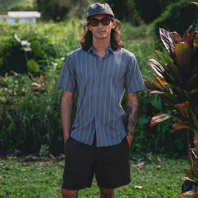 Man wearing a blue striped shirt and sunglasses standing in a lush green outdoor setting.
