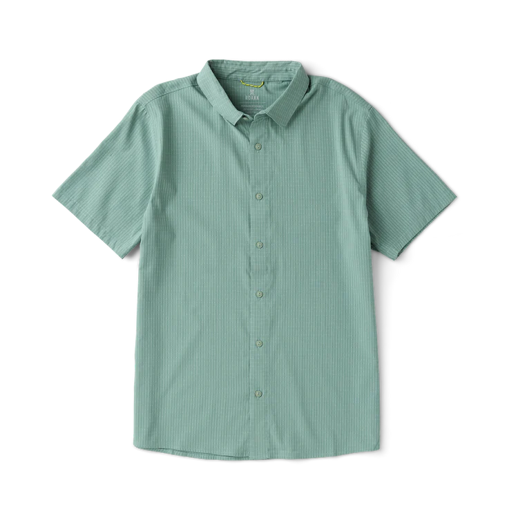 Green short-sleeve shirt with a subtle pattern on a white background