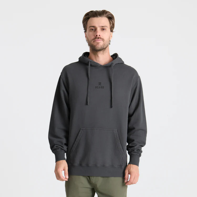 Man wearing a dark gray hoodie with a brand logo on a light gray background