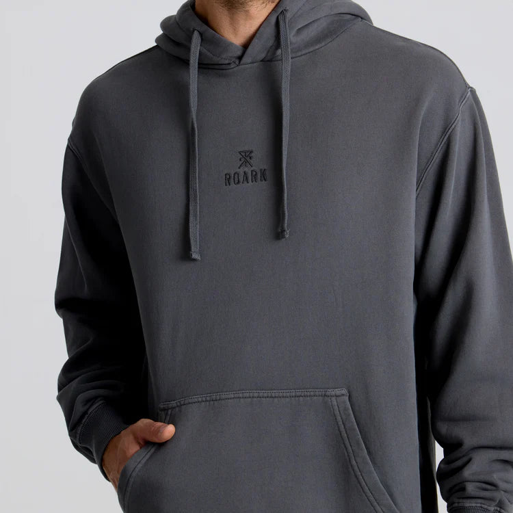 Person wearing a gray hoodie with a brand logo on a light gray background