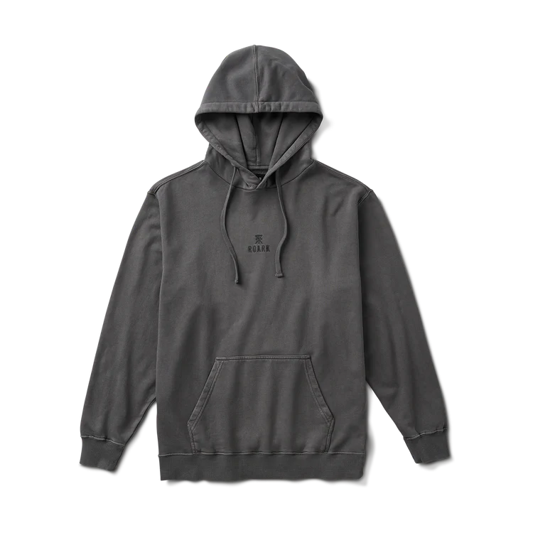 A dark gray washed pullover hoodie with a small black embroidered logo on the left chest, displayed against a clean white background.