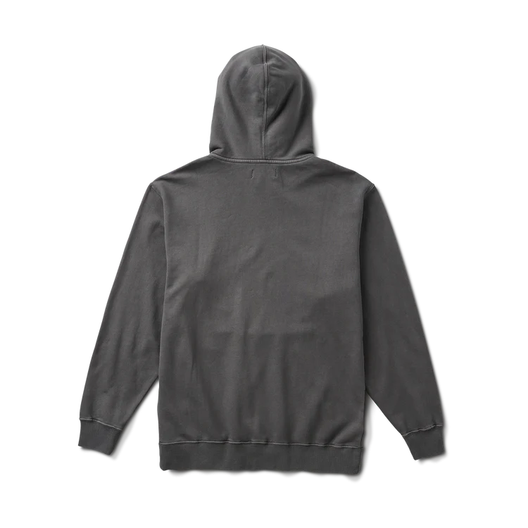 A dark gray hooded sweatshirt shown from the back, laid flat against a plain white background.