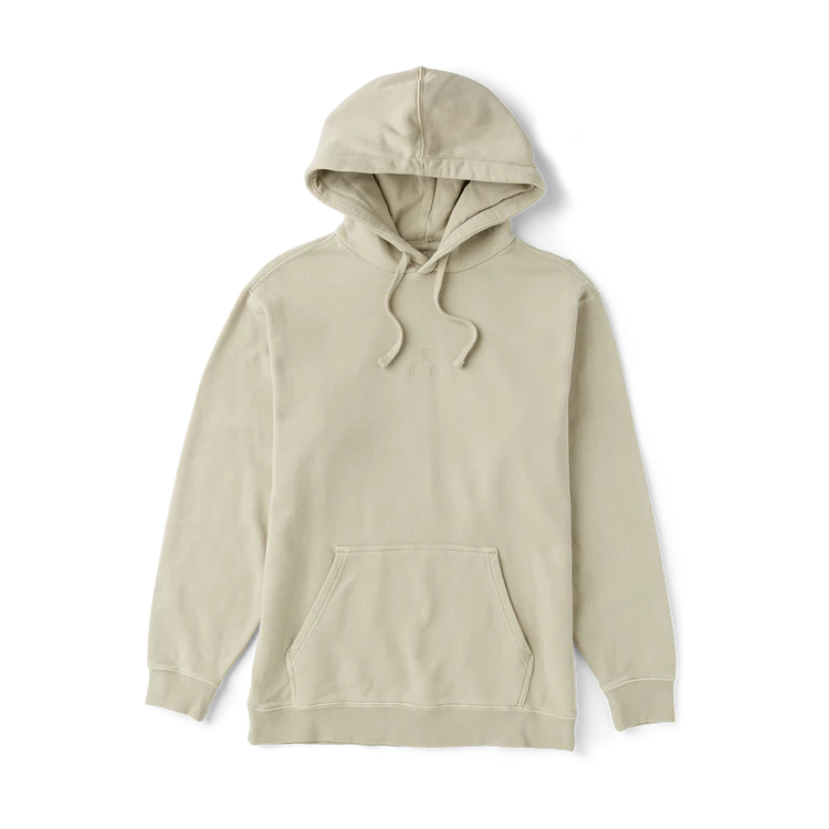 A light beige pullover hoodie with a front kangaroo pocket and drawstrings, displayed flat against a white background.