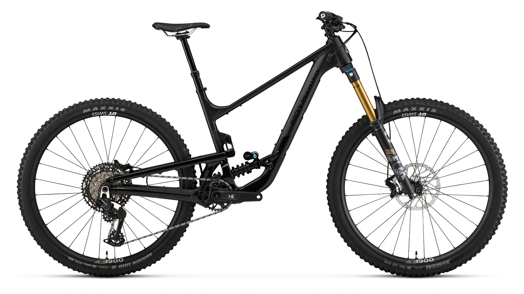A black full-suspension mountain bike with a gold Fox front fork, knobby Maxxis tires, and a rear shock, shown from a side profile on a white background.