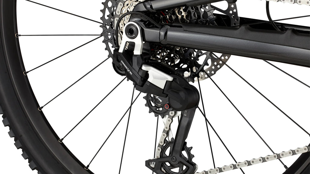 Close-up of a bicycle's rear derailleur and cassette system, showing black and silver components with a disc brake rotor on a white background.