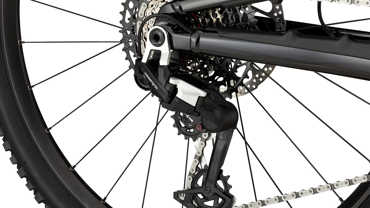 Close-up of a bicycle's rear derailleur and cassette system, showing black and silver components with a disc brake rotor on a white background.