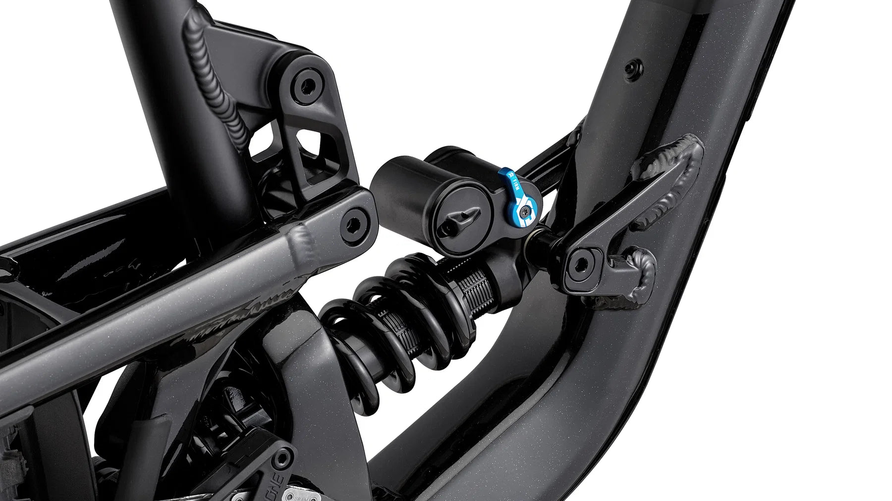 Close-up of a bicycle suspension system on a white background
