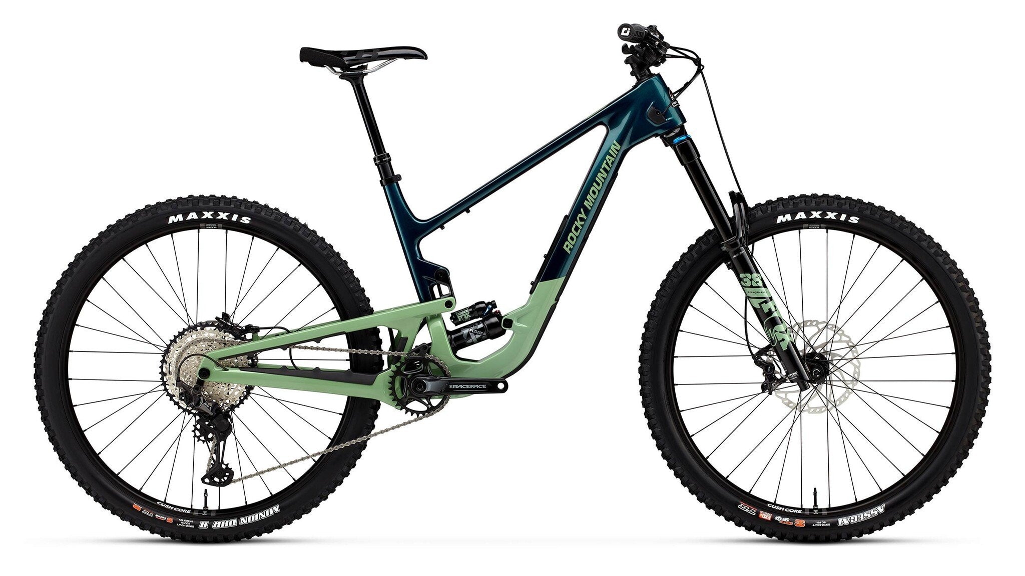 Mountain bike with green and black frame on a white background
