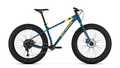 Blue mountain bike with yellow accents on a white background