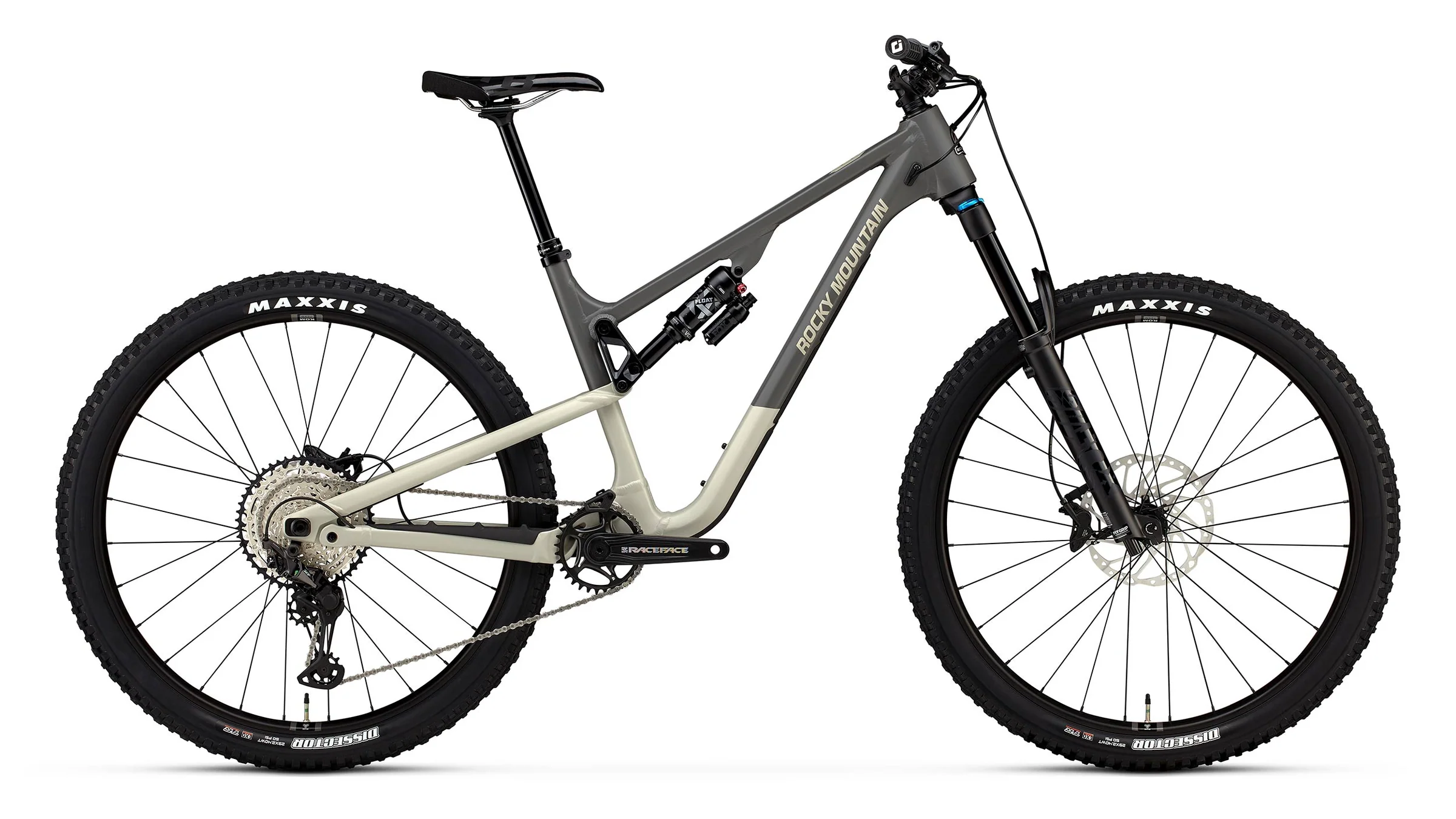 Mountain bike with a gray frame and black tires on a white background