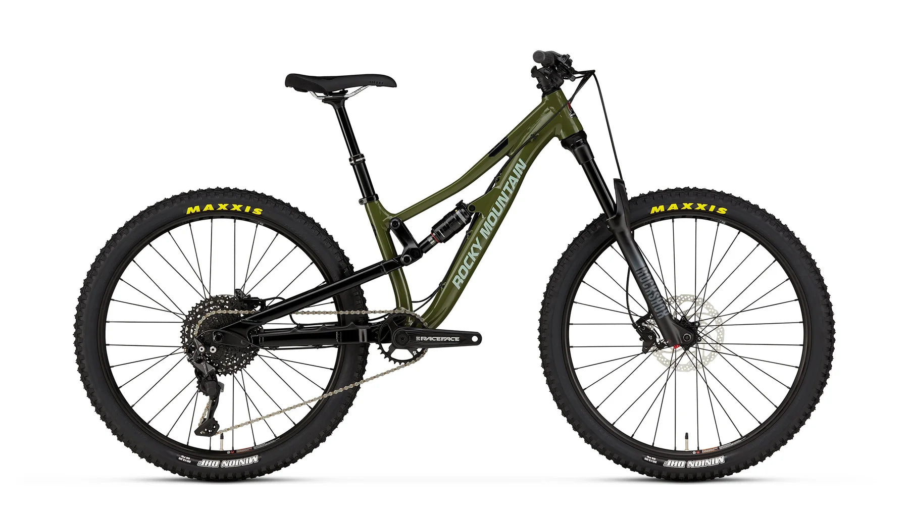 Mountain bike with green frame and black components on a white background