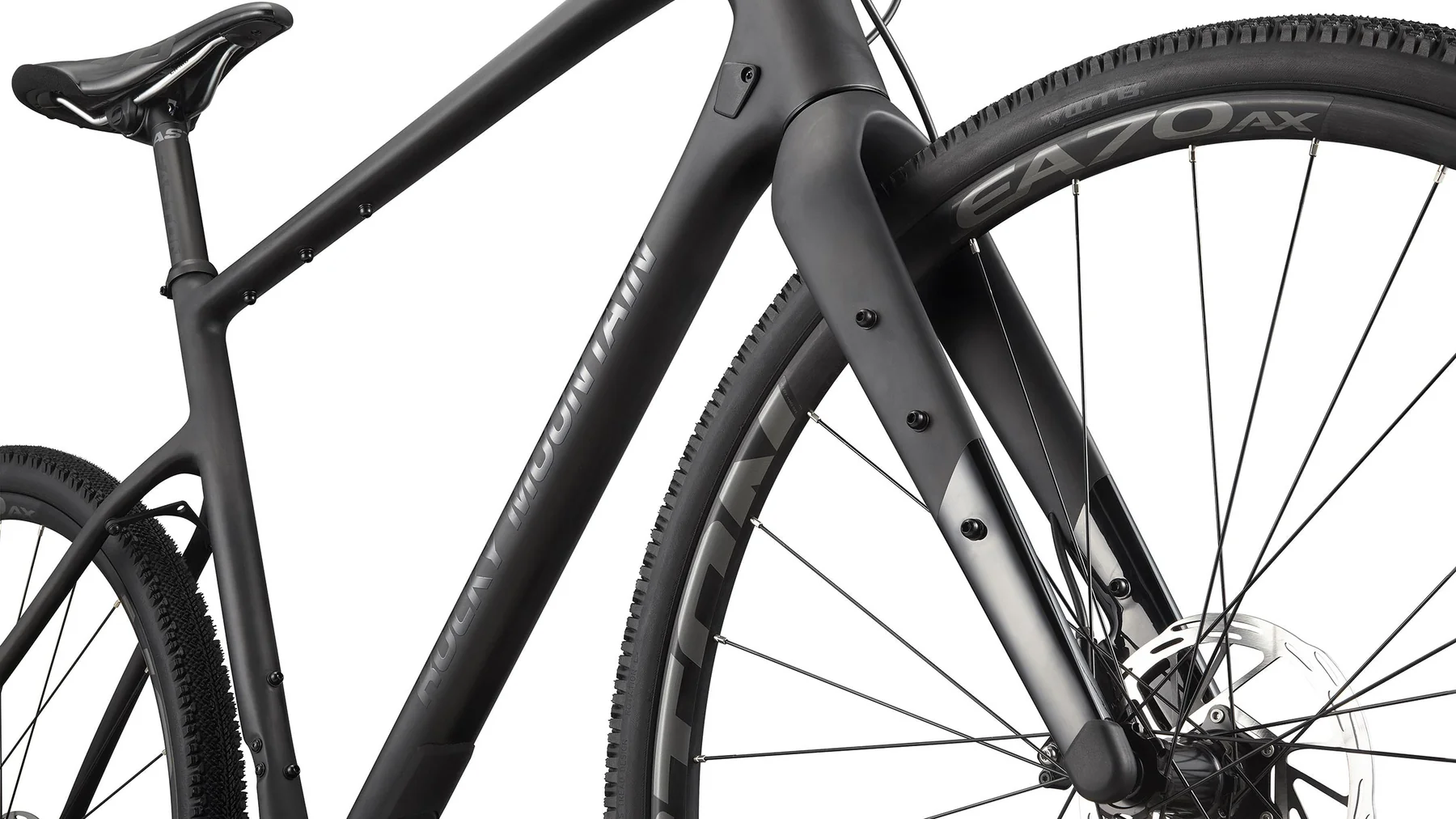Close-up of a black bicycle frame and wheels on a white background