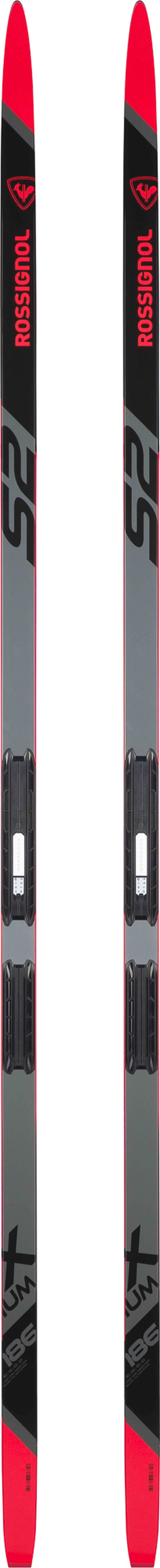 Pair of cross-country skis with red and black design on a white background