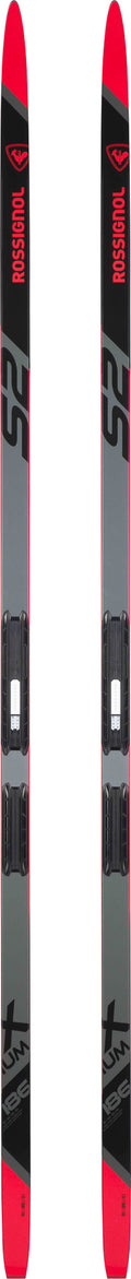 Pair of cross-country skis with red and black design on a white background