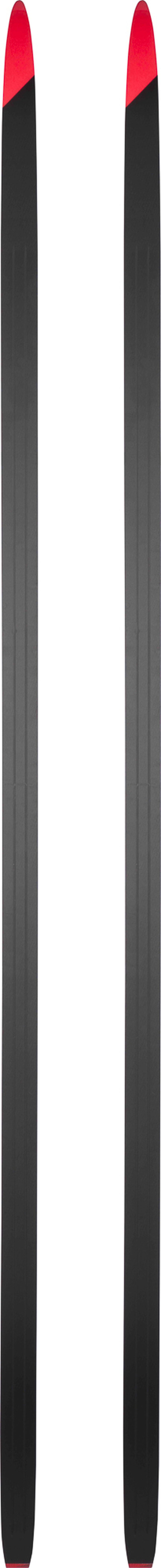 Two black skis with red accents on a white background