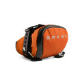 Orange bike saddle bag with black straps on a white background