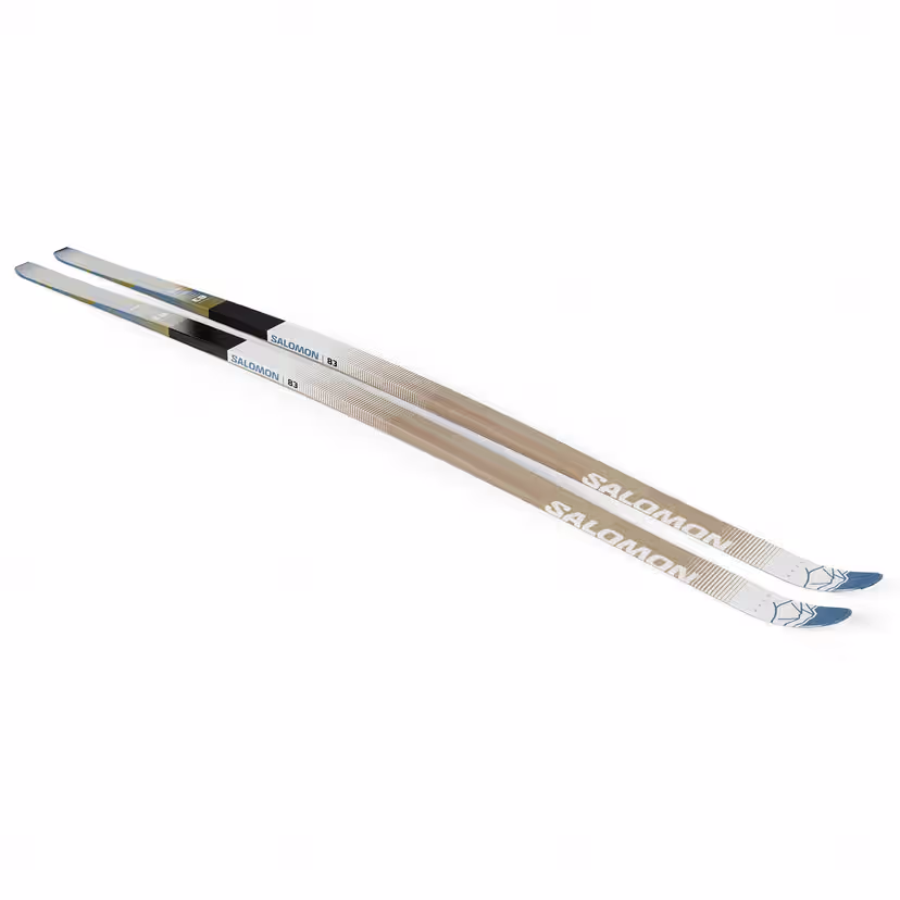 Two cross-country skis with Salomon branding on a white background
